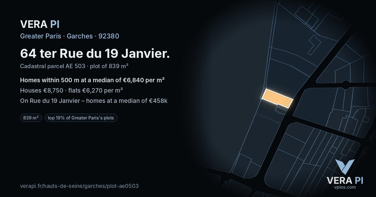 64 ter Rue du 19 Janvier, Garches at night – the plot lit, the parcels around coloured by the prices near them