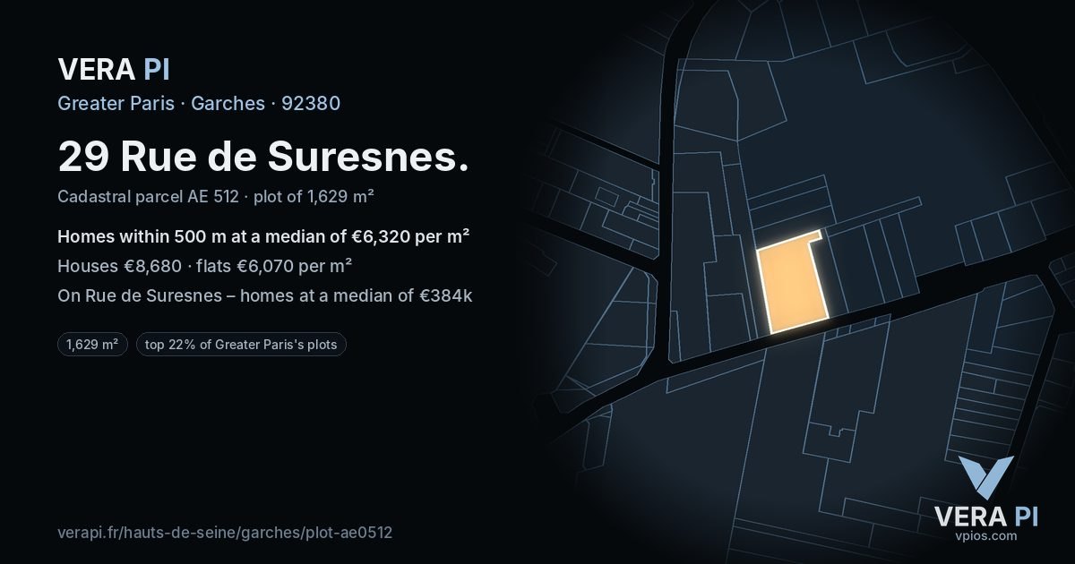 29 Rue de Suresnes, Garches at night – the plot lit, the parcels around coloured by the prices near them