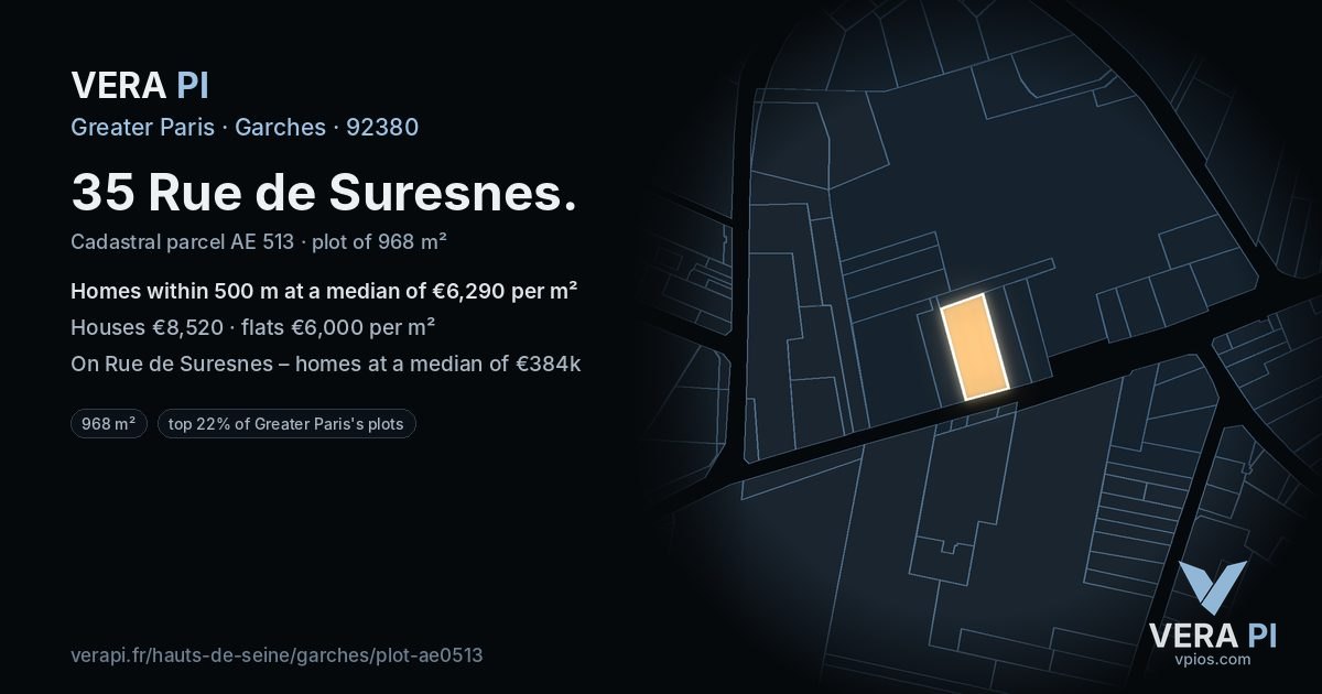35 Rue de Suresnes, Garches at night – the plot lit, the parcels around coloured by the prices near them