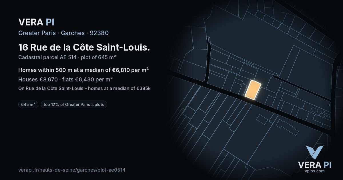 16 Rue de la Côte Saint-Louis, Garches at night – the plot lit, the parcels around coloured by the prices near them