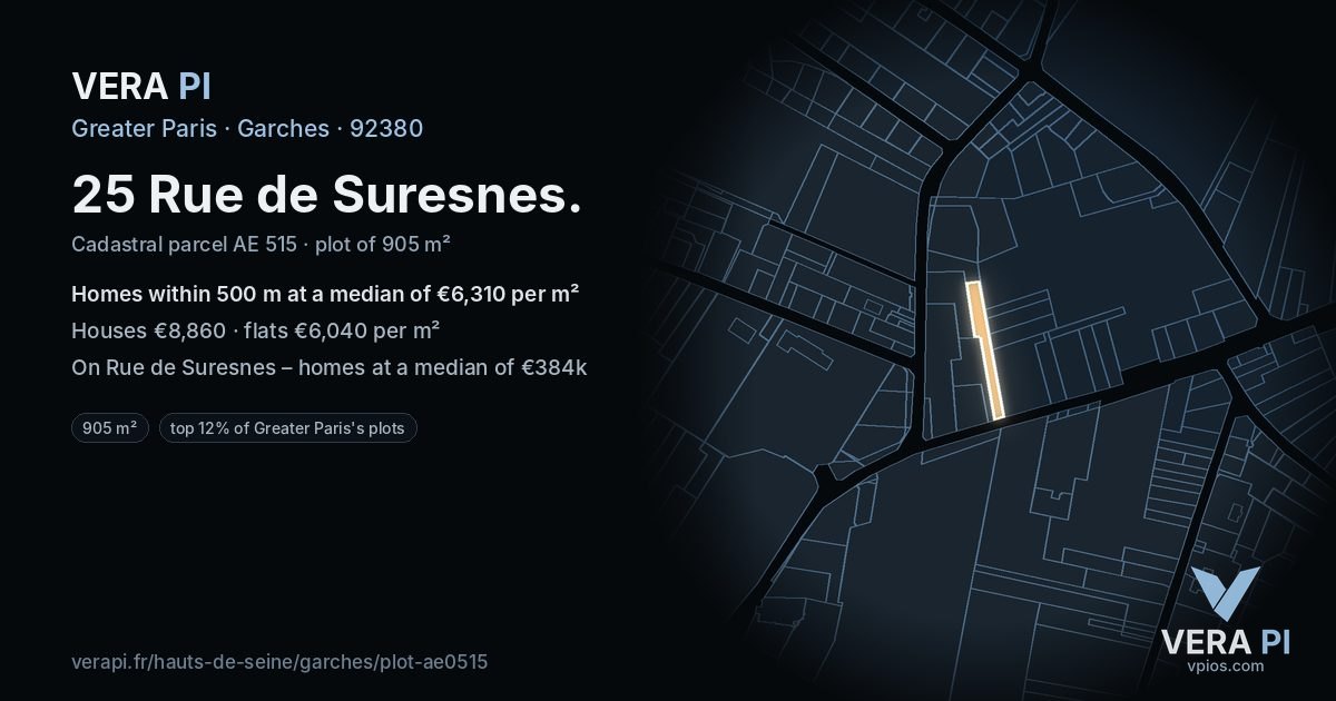 25 Rue de Suresnes, Garches at night – the plot lit, the parcels around coloured by the prices near them