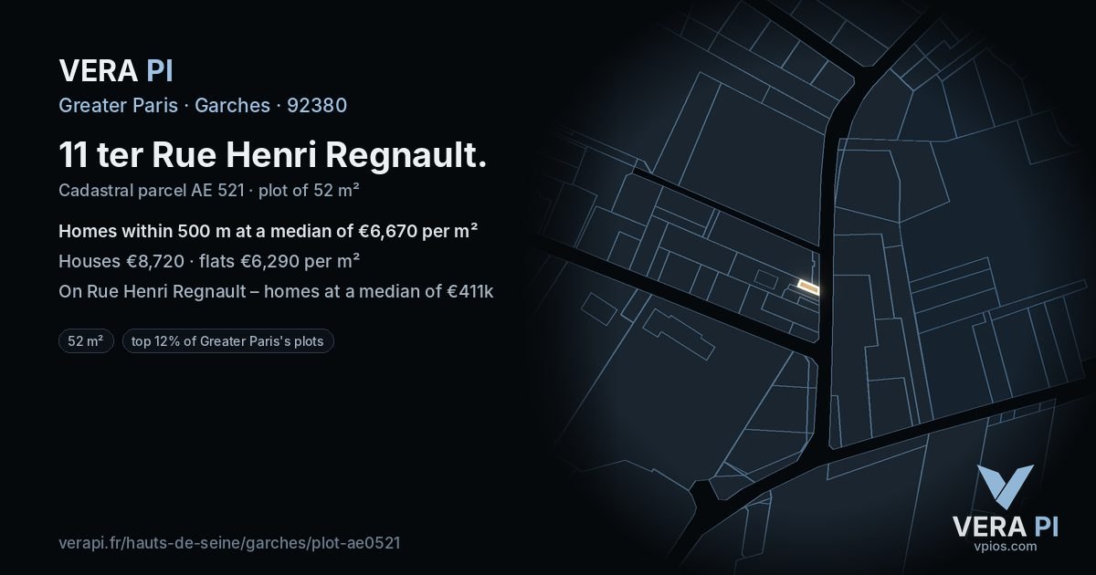 11 ter Rue Henri Regnault, Garches at night – the plot lit, the parcels around coloured by the prices near them