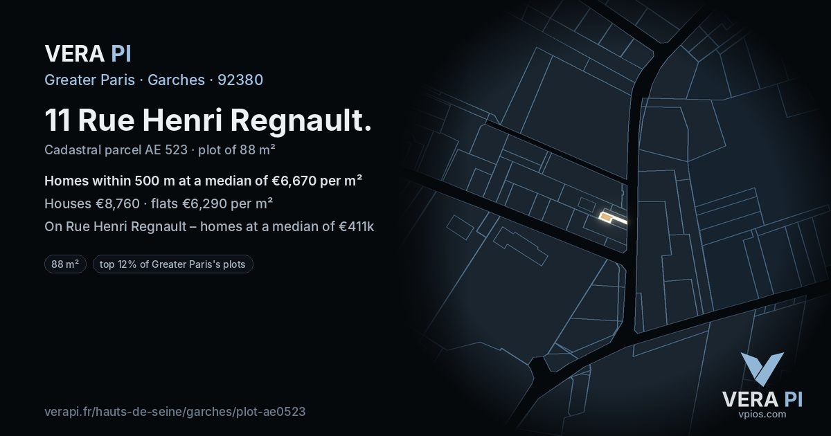 11 Rue Henri Regnault, Garches at night – the plot lit, the parcels around coloured by the prices near them