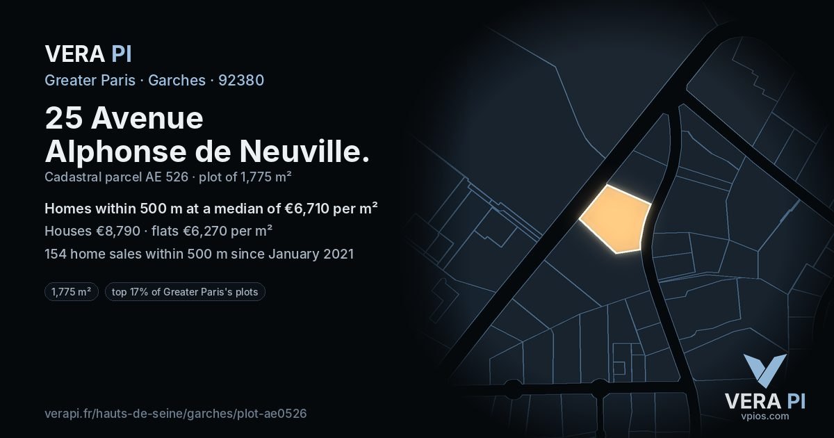 25 Avenue Alphonse de Neuville, Garches at night – the plot lit, the parcels around coloured by the prices near them
