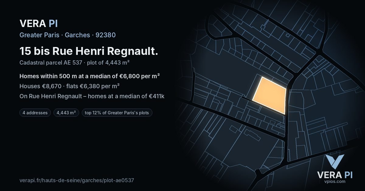 15 bis Rue Henri Regnault, Garches at night – the plot lit, the parcels around coloured by the prices near them