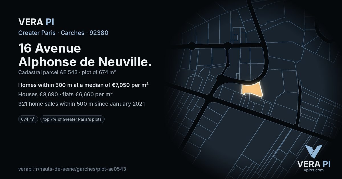 16 Avenue Alphonse de Neuville, Garches at night – the plot lit, the parcels around coloured by the prices near them