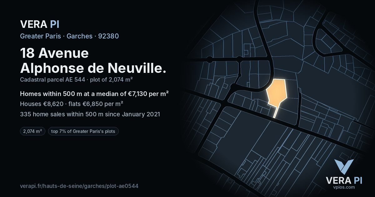 18 Avenue Alphonse de Neuville, Garches at night – the plot lit, the parcels around coloured by the prices near them