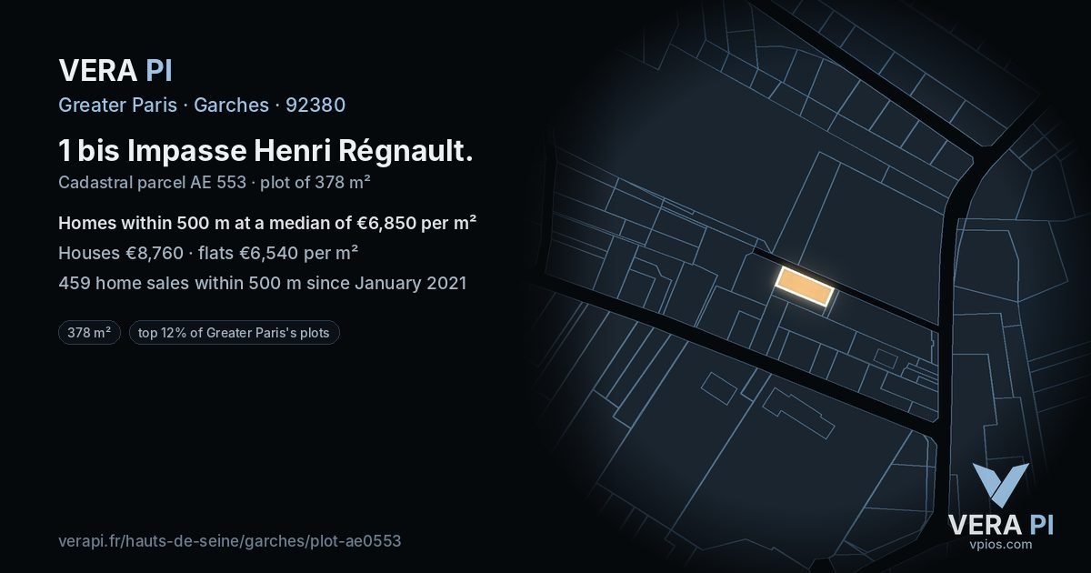 1 bis Impasse Henri Régnault, Garches at night – the plot lit, the parcels around coloured by the prices near them