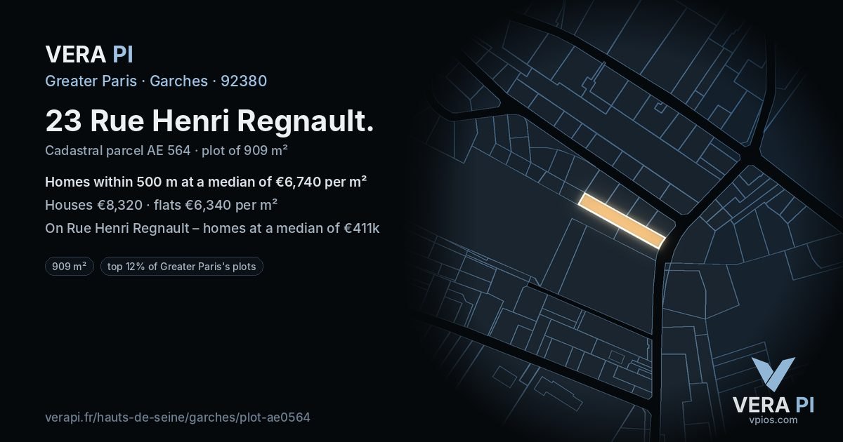 23 Rue Henri Regnault, Garches at night – the plot lit, the parcels around coloured by the prices near them