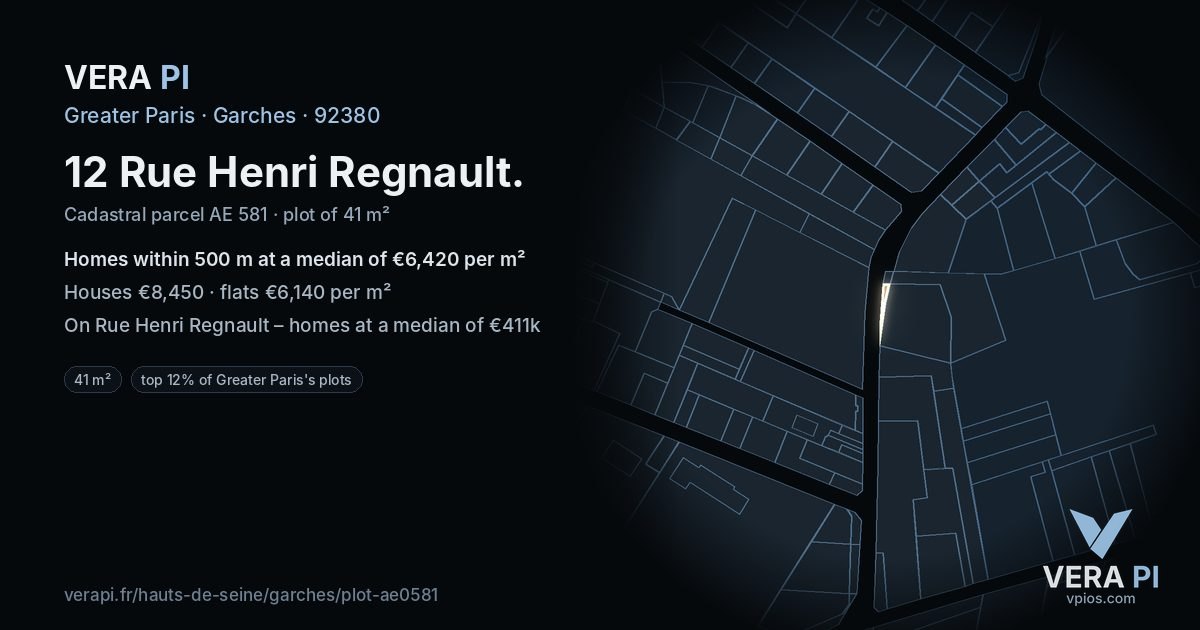 12 Rue Henri Regnault, Garches at night – the plot lit, the parcels around coloured by the prices near them