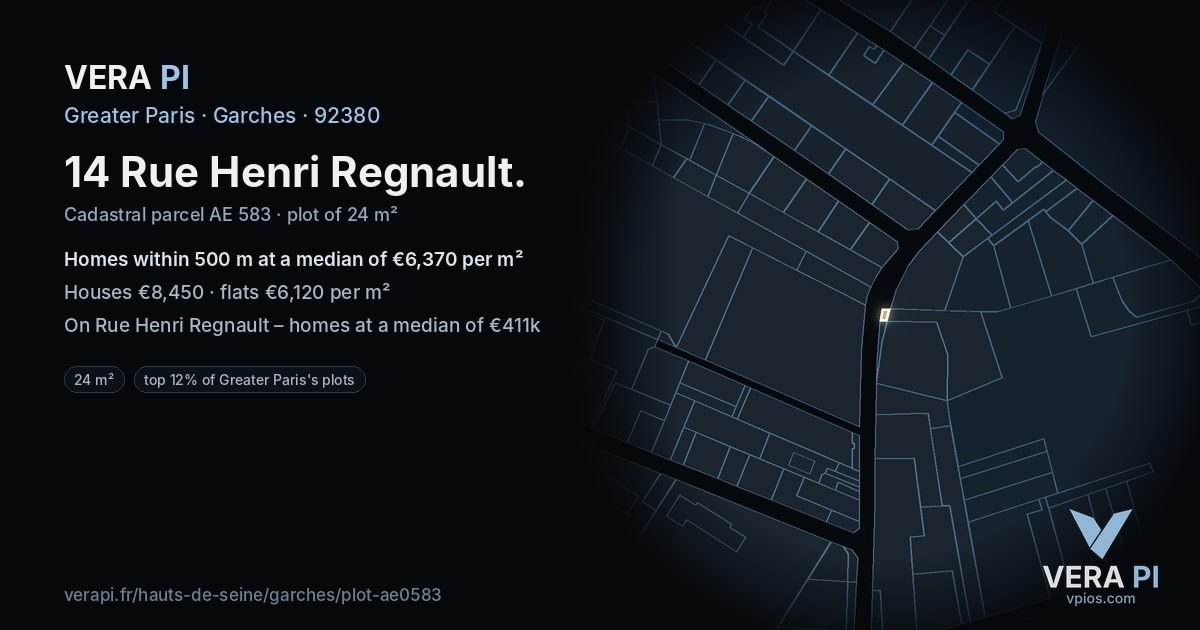 14 Rue Henri Regnault, Garches at night – the plot lit, the parcels around coloured by the prices near them