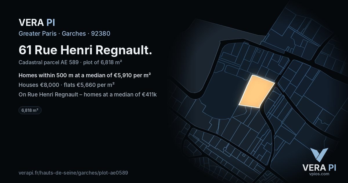 61 Rue Henri Regnault, Garches at night – the plot lit, the parcels around coloured by the prices near them