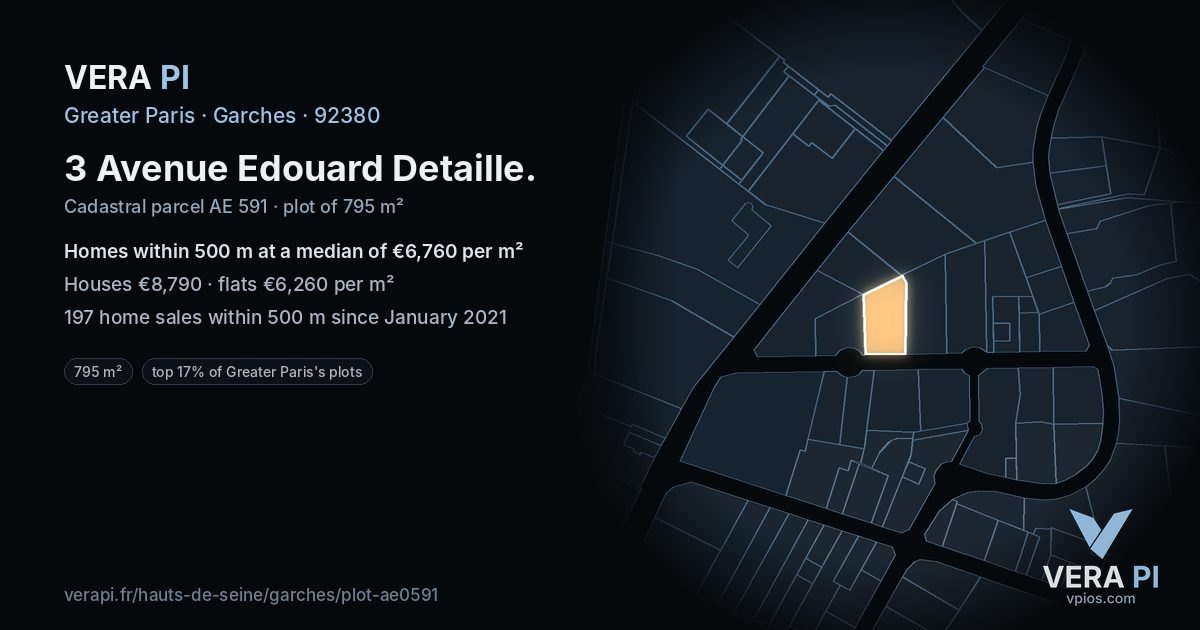 3 Avenue Edouard Detaille, Garches at night – the plot lit, the parcels around coloured by the prices near them