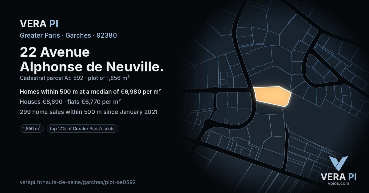 22 Avenue Alphonse de Neuville, Garches at night – the plot lit, the parcels around coloured by the prices near them