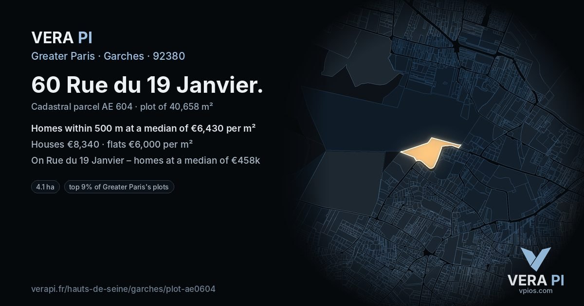 60 Rue du 19 Janvier, Garches at night – the plot lit, the parcels around coloured by the prices near them