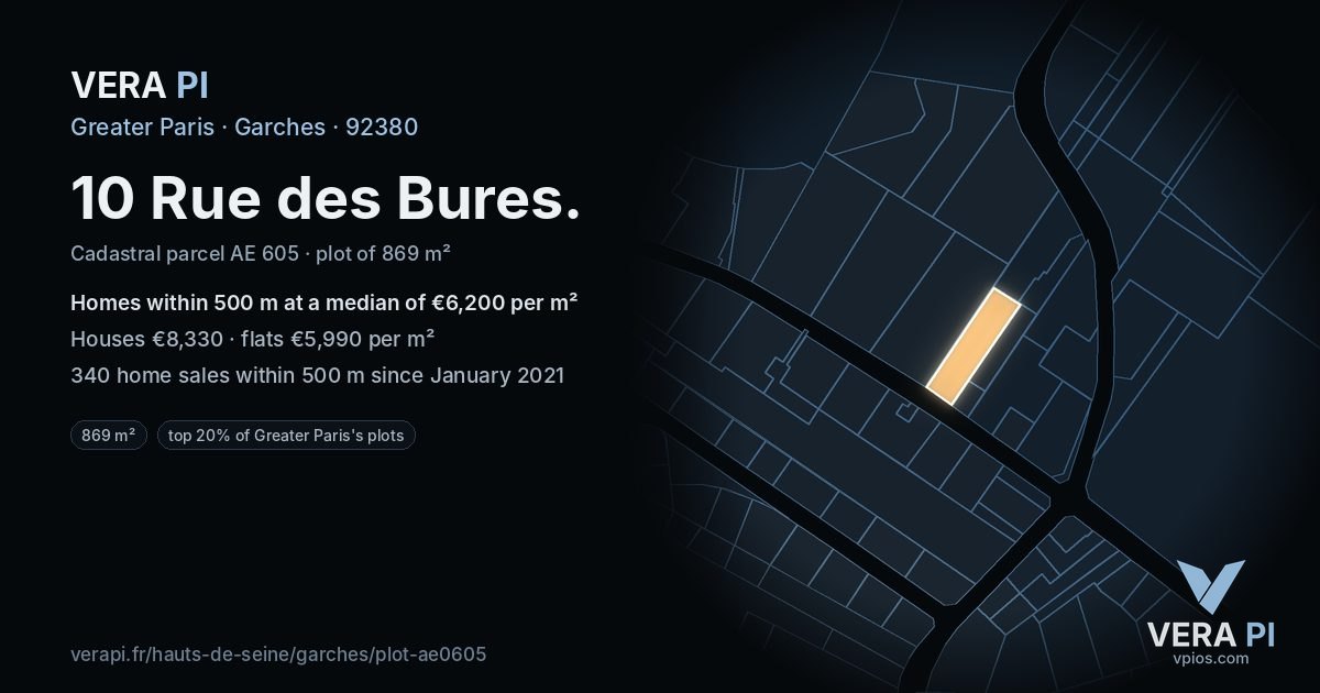 10 Rue des Bures, Garches at night – the plot lit, the parcels around coloured by the prices near them
