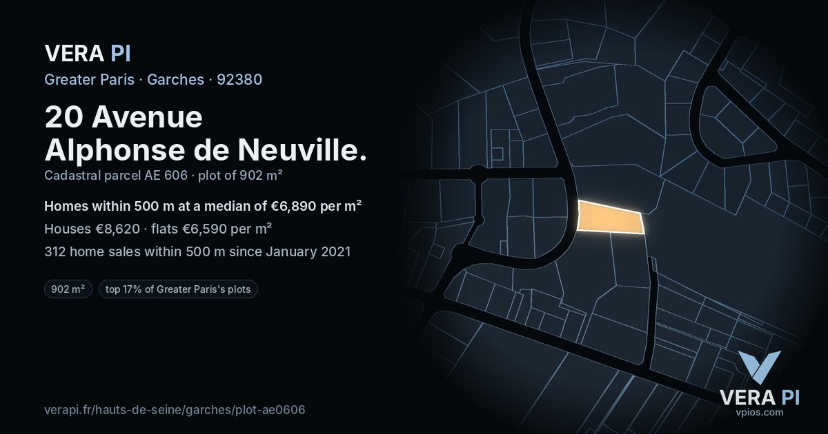 20 Avenue Alphonse de Neuville, Garches at night – the plot lit, the parcels around coloured by the prices near them
