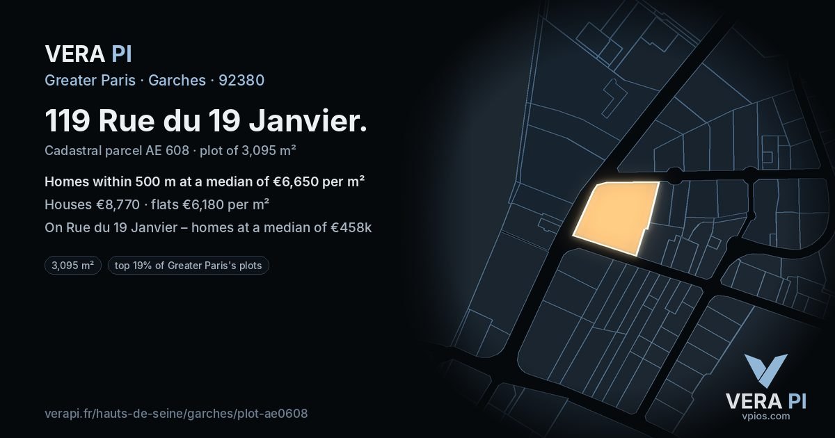 119 Rue du 19 Janvier, Garches at night – the plot lit, the parcels around coloured by the prices near them