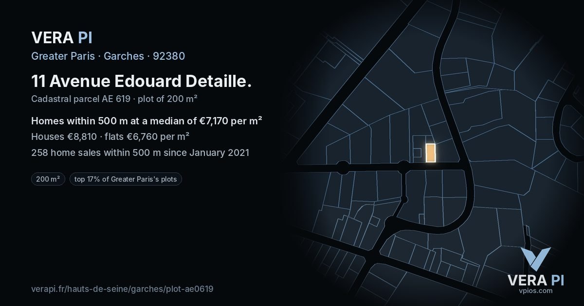 11 Avenue Edouard Detaille, Garches at night – the plot lit, the parcels around coloured by the prices near them