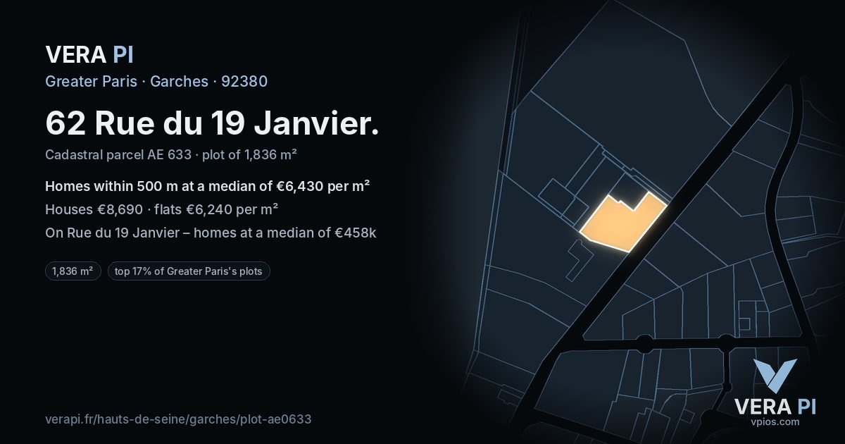 62 Rue du 19 Janvier, Garches at night – the plot lit, the parcels around coloured by the prices near them