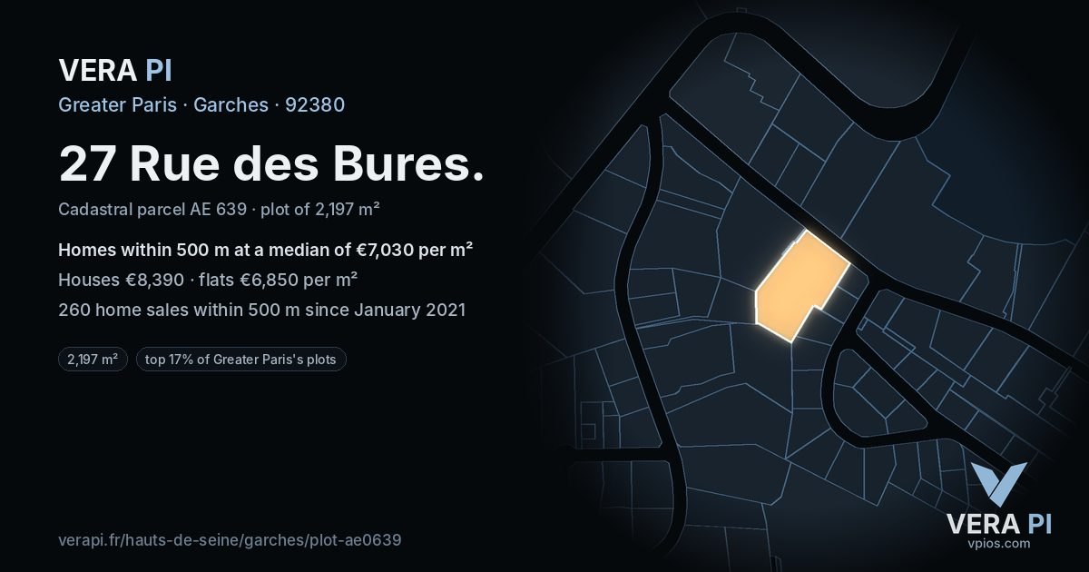 27 Rue des Bures, Garches at night – the plot lit, the parcels around coloured by the prices near them