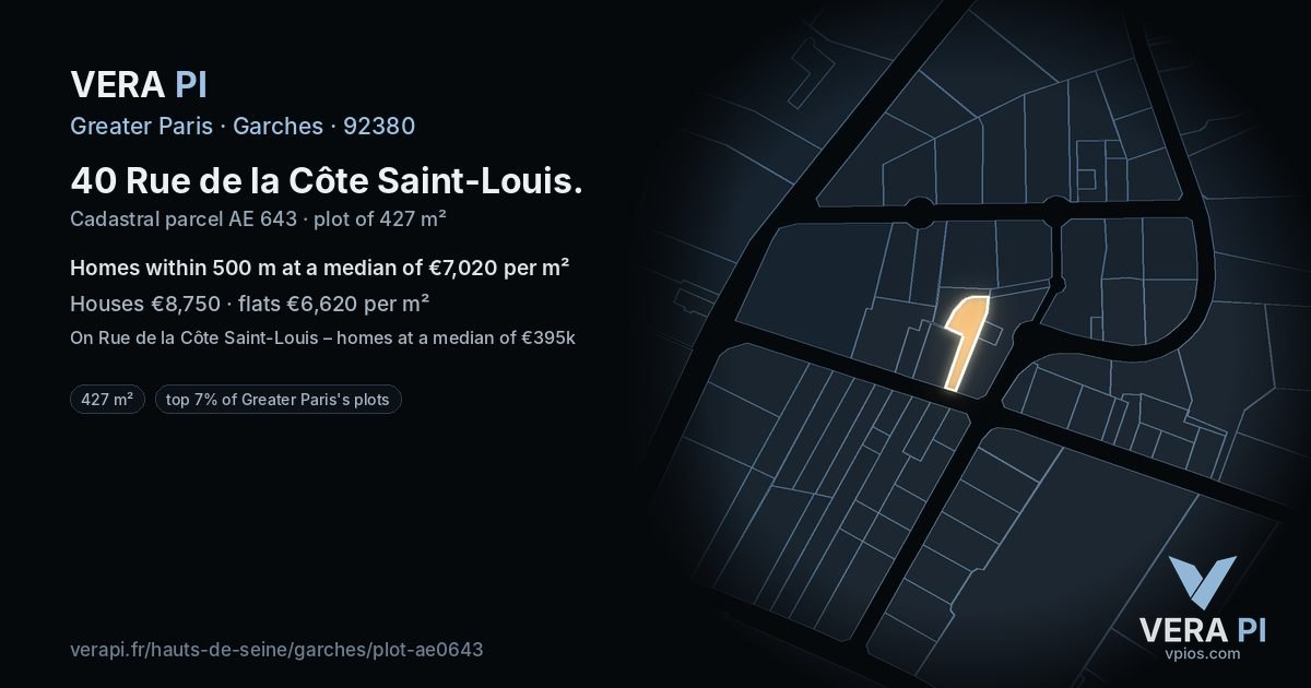 40 Rue de la Côte Saint-Louis, Garches at night – the plot lit, the parcels around coloured by the prices near them