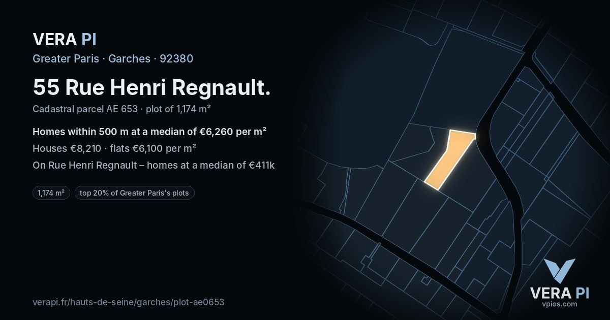 55 Rue Henri Regnault, Garches at night – the plot lit, the parcels around coloured by the prices near them