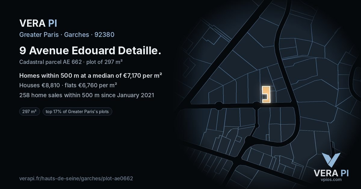 9 Avenue Edouard Detaille, Garches at night – the plot lit, the parcels around coloured by the prices near them