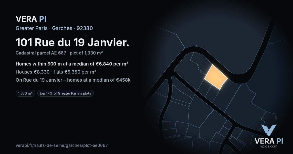 101 Rue du 19 Janvier, Garches at night – the plot lit, the parcels around coloured by the prices near them