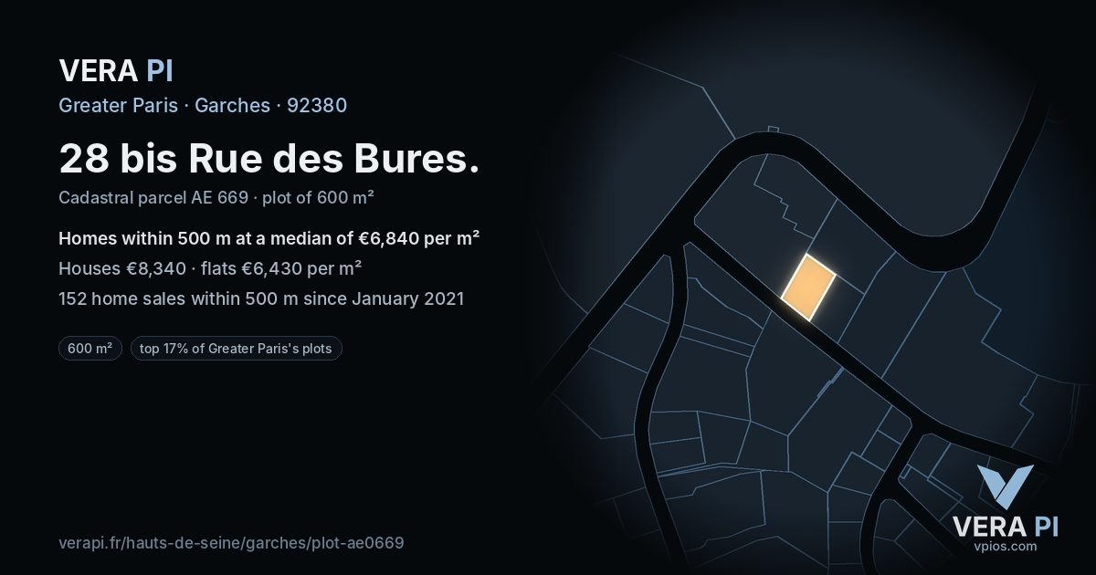 28 bis Rue des Bures, Garches at night – the plot lit, the parcels around coloured by the prices near them
