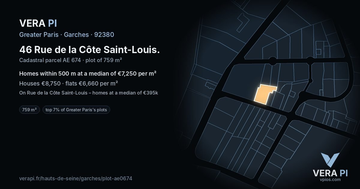 46 Rue de la Côte Saint-Louis, Garches at night – the plot lit, the parcels around coloured by the prices near them