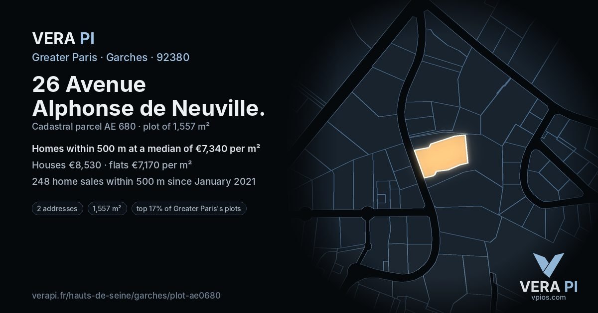 26 Avenue Alphonse de Neuville, Garches at night – the plot lit, the parcels around coloured by the prices near them