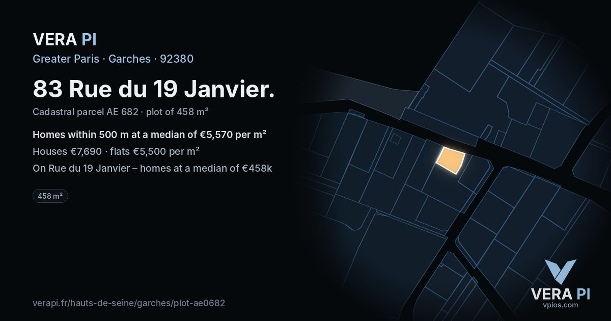 83 Rue du 19 Janvier, Garches at night – the plot lit, the parcels around coloured by the prices near them