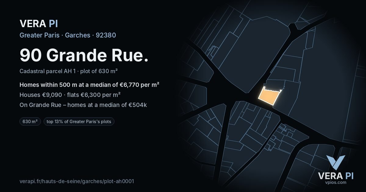 90 Grande Rue, Garches at night – the plot lit, the parcels around coloured by the prices near them