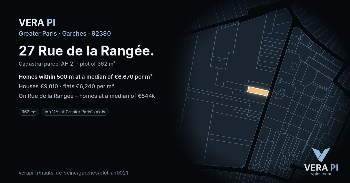 27 Rue de la Rangée, Garches at night – the plot lit, the parcels around coloured by the prices near them