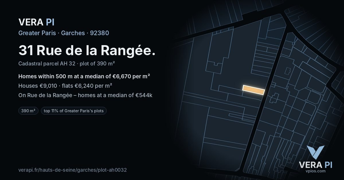 31 Rue de la Rangée, Garches at night – the plot lit, the parcels around coloured by the prices near them