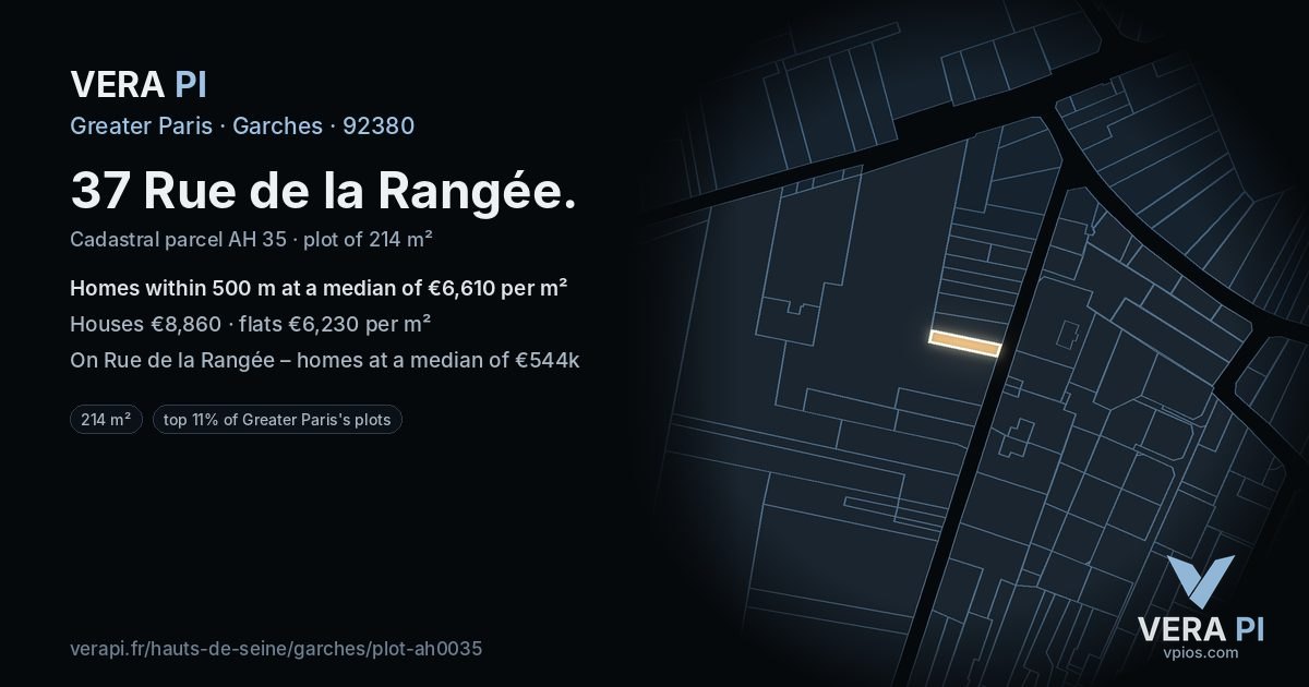 37 Rue de la Rangée, Garches at night – the plot lit, the parcels around coloured by the prices near them