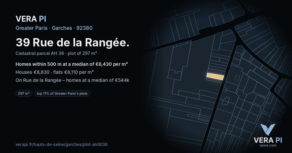 39 Rue de la Rangée, Garches at night – the plot lit, the parcels around coloured by the prices near them