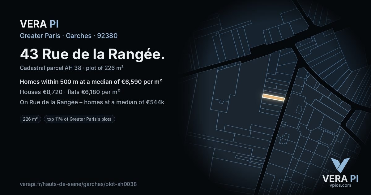 43 Rue de la Rangée, Garches at night – the plot lit, the parcels around coloured by the prices near them