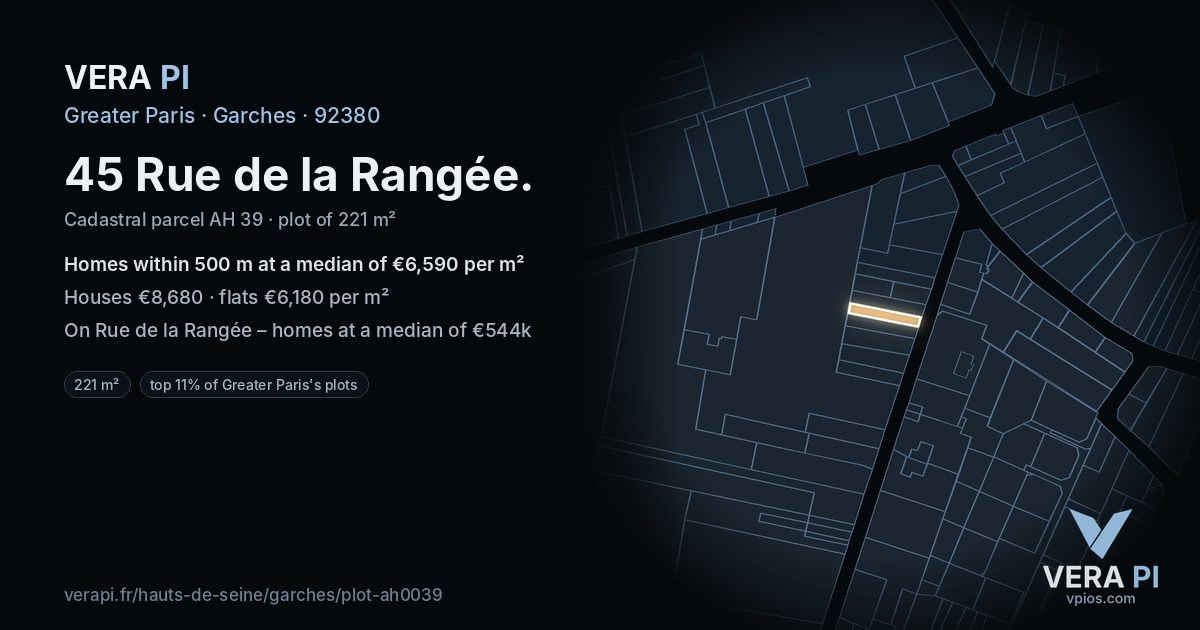 45 Rue de la Rangée, Garches at night – the plot lit, the parcels around coloured by the prices near them