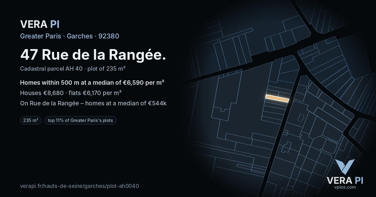 47 Rue de la Rangée, Garches at night – the plot lit, the parcels around coloured by the prices near them