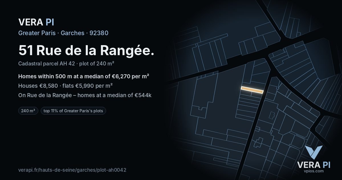 51 Rue de la Rangée, Garches at night – the plot lit, the parcels around coloured by the prices near them