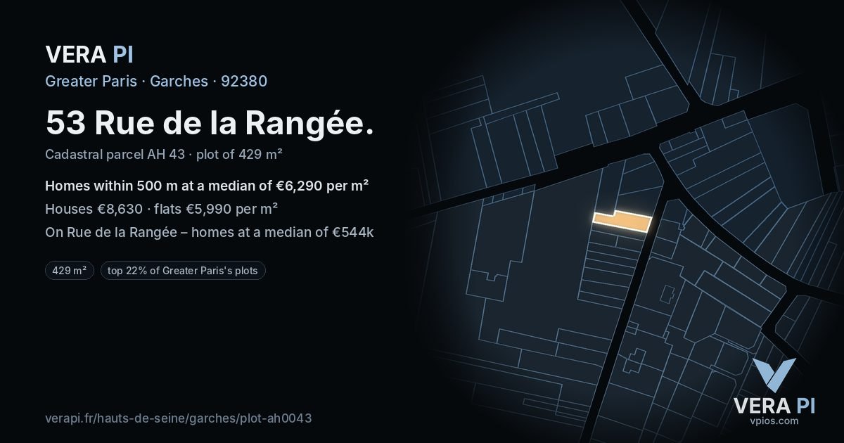 53 Rue de la Rangée, Garches at night – the plot lit, the parcels around coloured by the prices near them