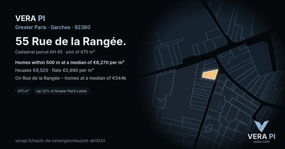 55 Rue de la Rangée, Garches at night – the plot lit, the parcels around coloured by the prices near them