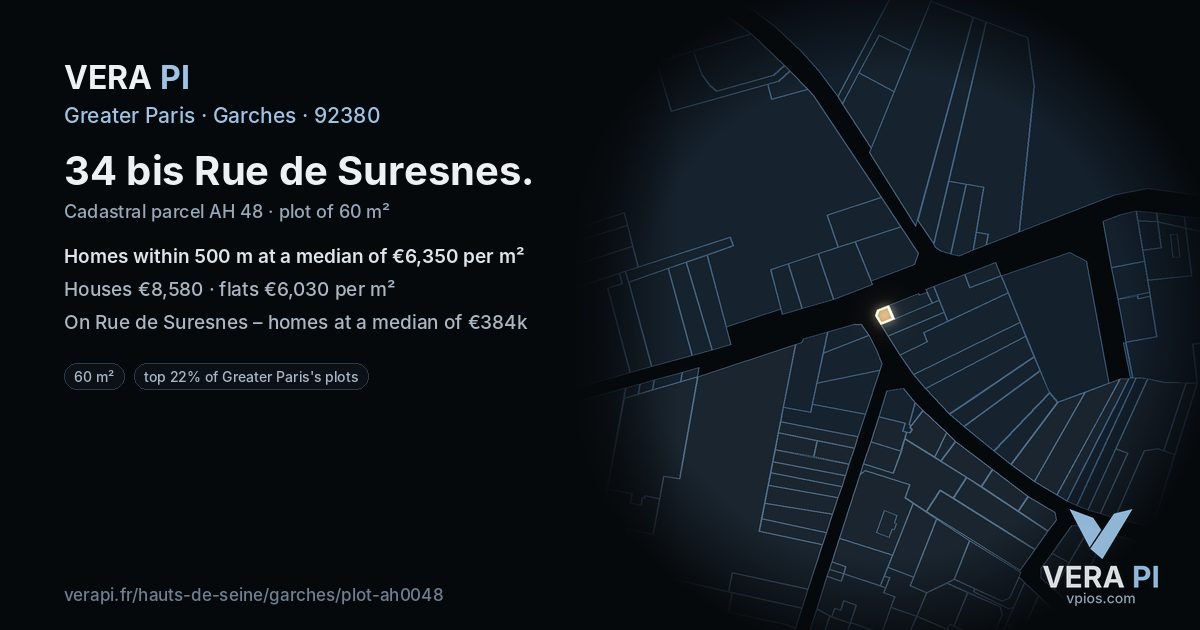34 bis Rue de Suresnes, Garches at night – the plot lit, the parcels around coloured by the prices near them