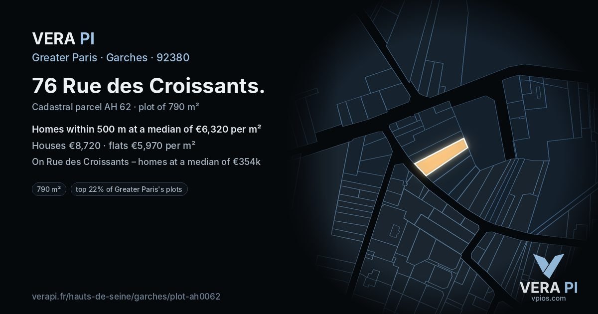 76 Rue des Croissants, Garches at night – the plot lit, the parcels around coloured by the prices near them