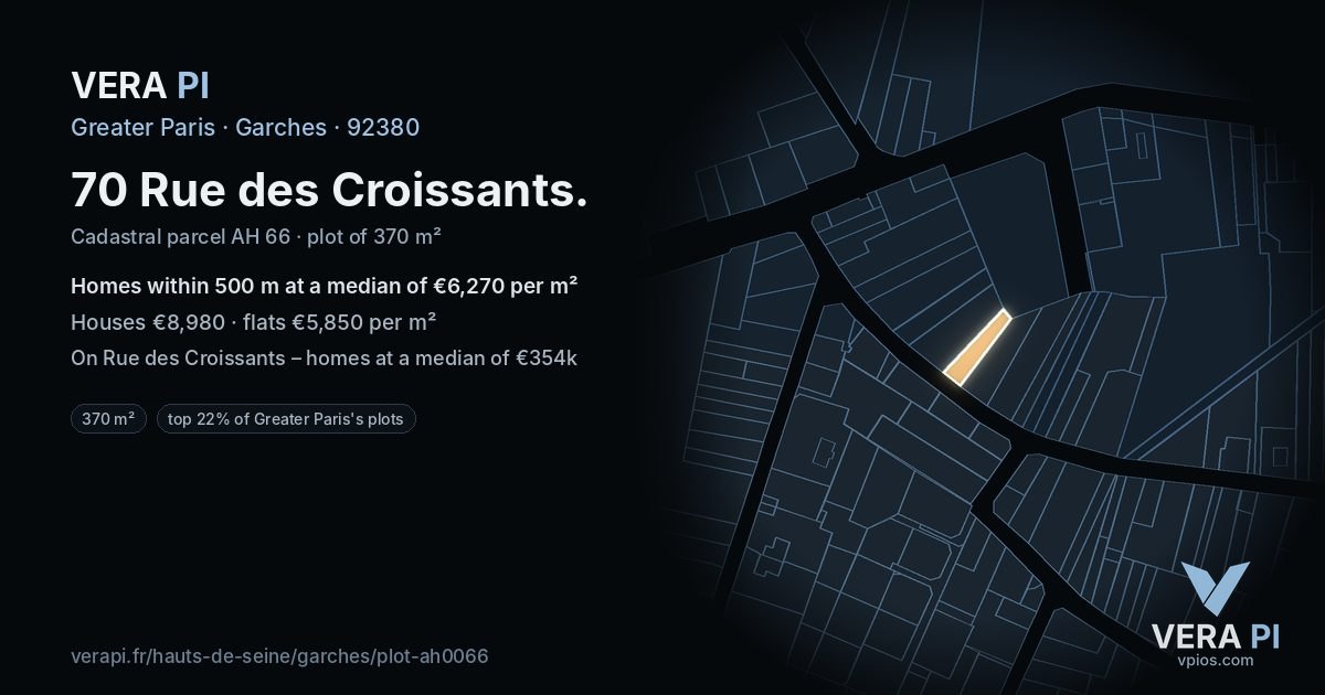 70 Rue des Croissants, Garches at night – the plot lit, the parcels around coloured by the prices near them