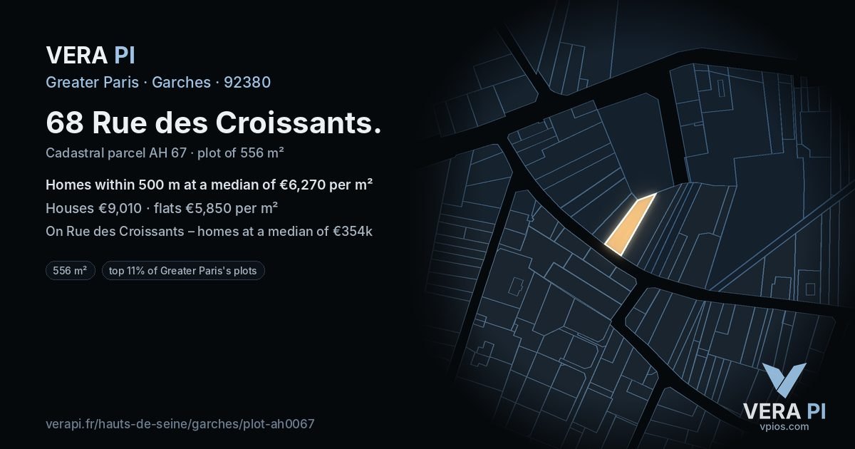 68 Rue des Croissants, Garches at night – the plot lit, the parcels around coloured by the prices near them