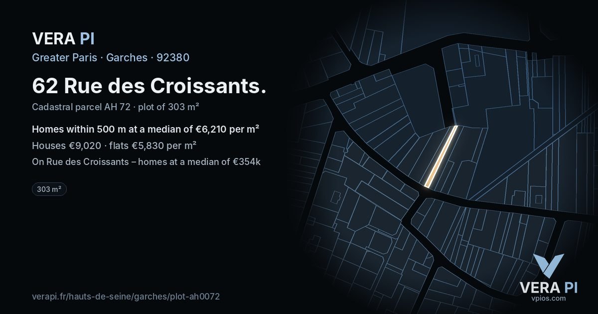 62 Rue des Croissants, Garches at night – the plot lit, the parcels around coloured by the prices near them