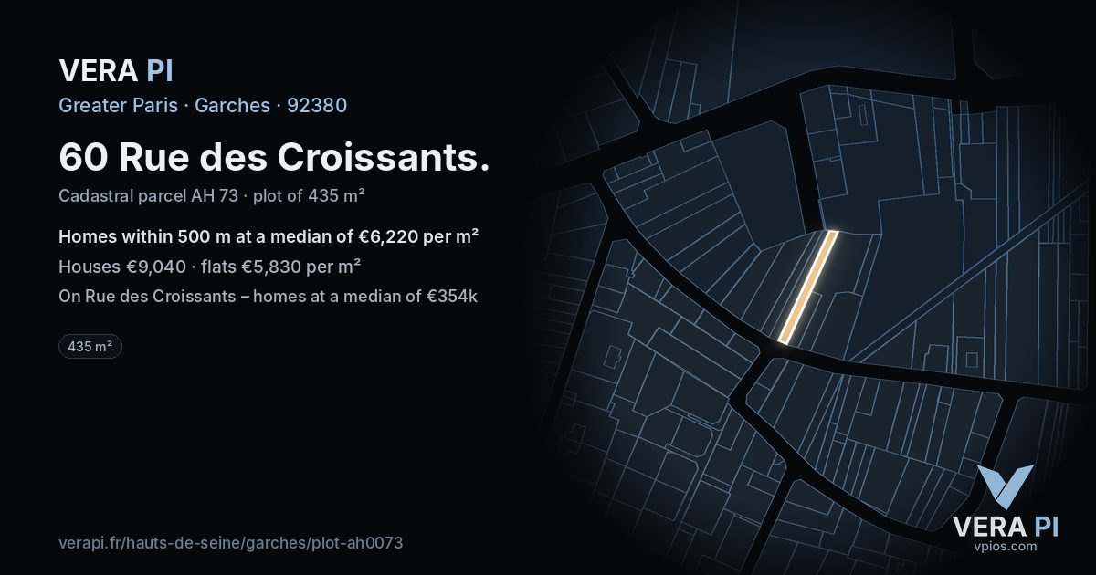 60 Rue des Croissants, Garches at night – the plot lit, the parcels around coloured by the prices near them